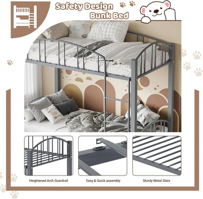 Metal Loft Bed Bunk Beds,  Twin Over Full Size with Heightened Safety Guardrail & Ladder, for School, Bedroom, Twin Size Grey