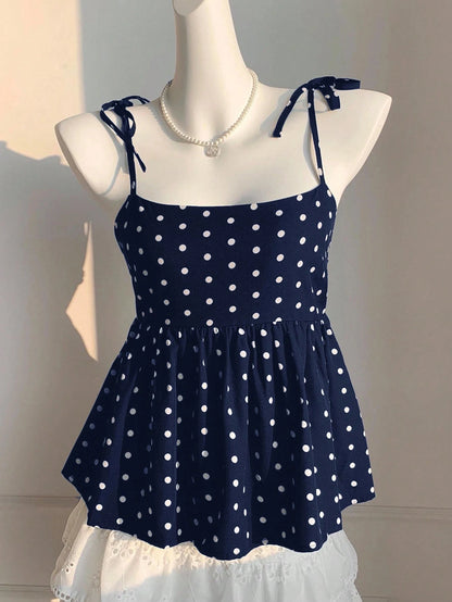Women's Polka Dot Crop Cami With Spaghetti Straps And Flared He.  Polka Dot Camisole,  Babydoll Polkadot Top.