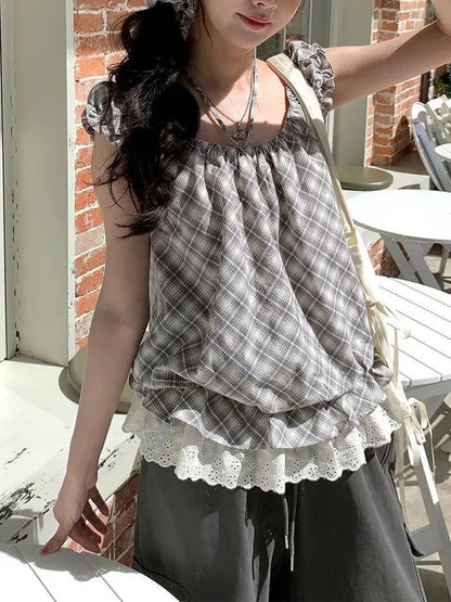 Crop Tops for Girls/ Women.   Plaid, Spliced,  Sleeveless,  Ruffled Lace  Fashion Tank. New Chic Female Tops