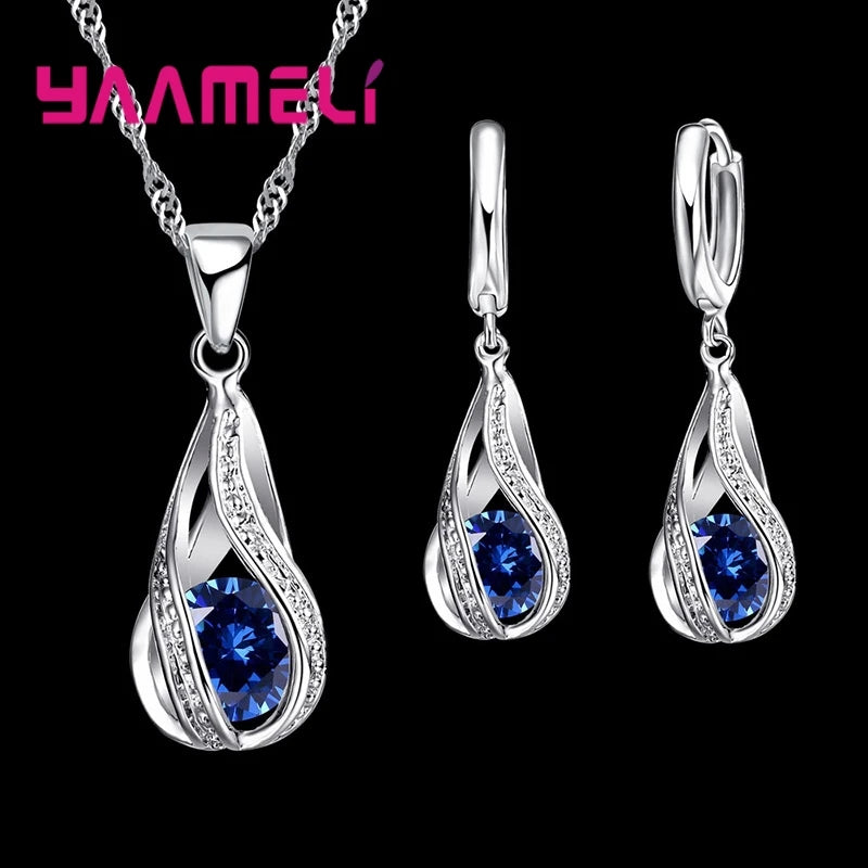 Hot Water Drop CZ 925 Sterling Silver Plated Jewelry Set For Women.  Pendant Necklace,  Hoop Earrings, Wedding gifts, MOTHERS DAY Gifts