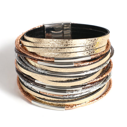 Trendy Metal Tube Leather Bracelet for Women /Men.  Chunky Glitter Filled Slim Multilayer Wrap Wide Bracelets. Nice JewelryGift