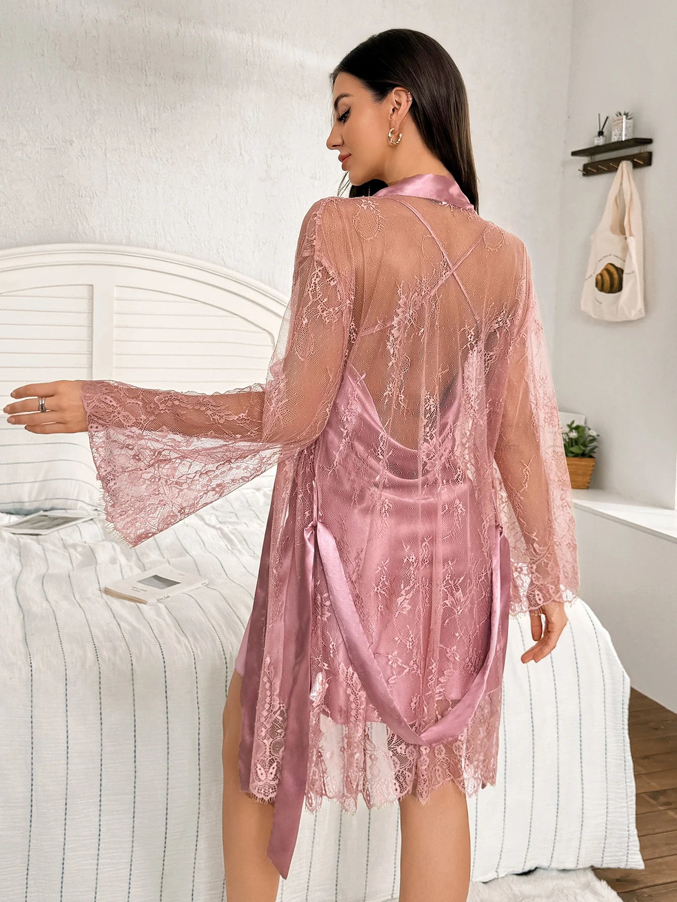 Hot Selling Solid Color Polyester Nightgown. Lace,  See -Through Robe For Women.  2pcs Set