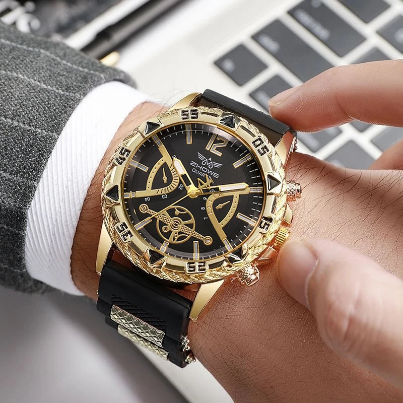 4PCS Fashion Arabic Dial Men s Business Quartz Watch with Casual Silicone Strap  on Wristwatch and including the 3- piece Necklace Set.(Without Box)All styles are available as I am typing.  This attractive set can easily be g