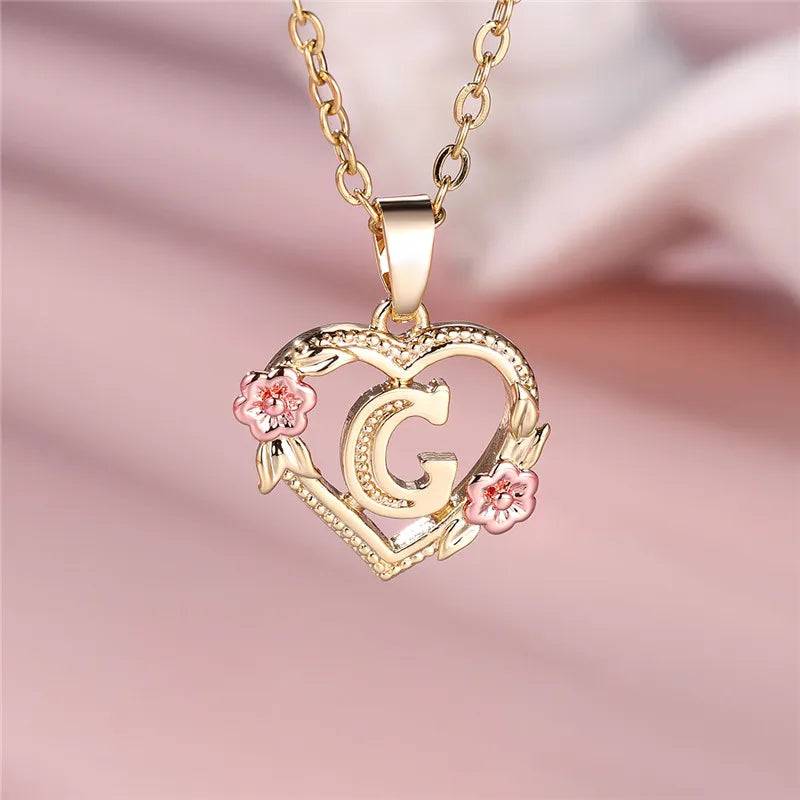 A-Z Letter Flower Pendant Necklace,  Yellow Gold  Wedding Jewelry GifTS