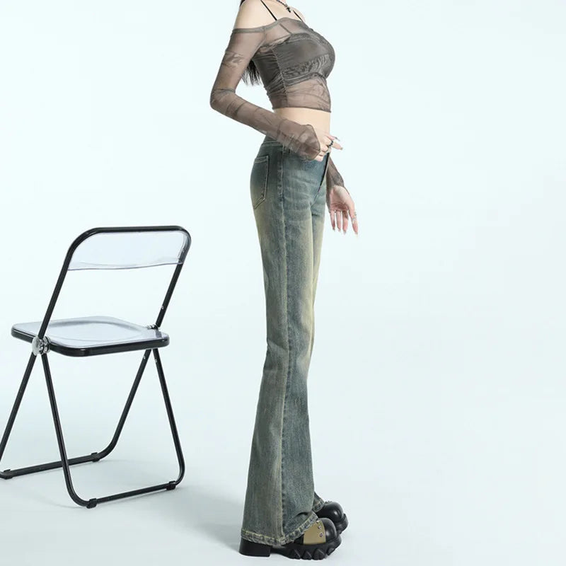 High Waist Slimming Denim Pants,   Retro American Style  FOR  Autumn New Fashionable Women's Pants,  Micro Flared Long Pants  OF STRETCHABLE Polyester