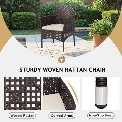 Patio Furniture Set 3 Pieces Outdoor Wicker Chairs Set of 2 with Coffee Table for Outside Porch Balcony (Brown)