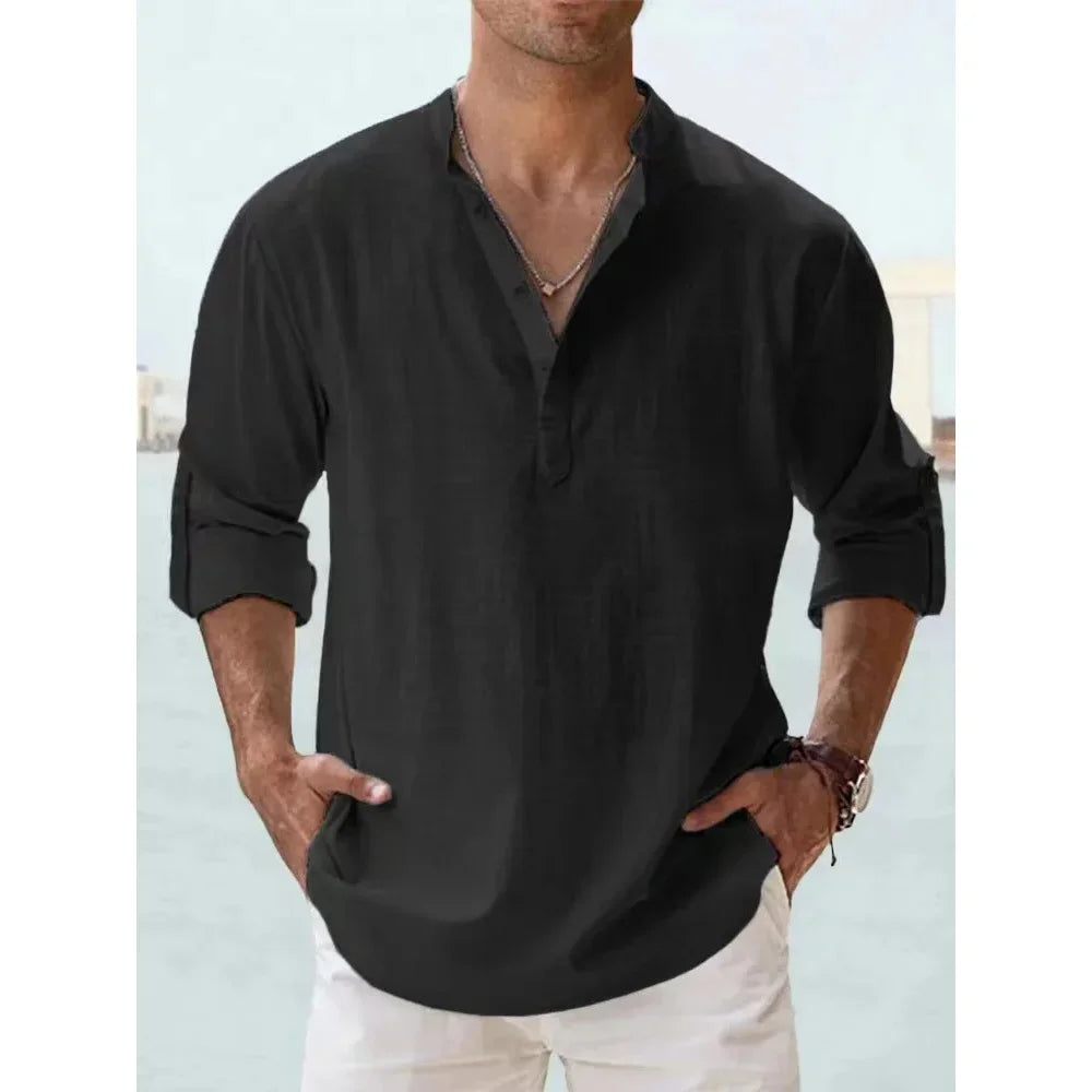 Cotton Linen Hot Sale Men's Short-Sleeved Shirts.  Summer Solid Colors Henley Collar Casual Beach Style Hawaiian Vacation