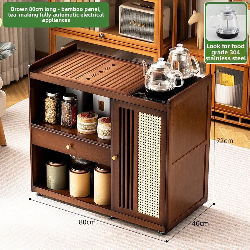 Small, Mobile tea table, Kettle integrated tea cabinet with Solid wood coffee table.  Tea cart Brewing tea table