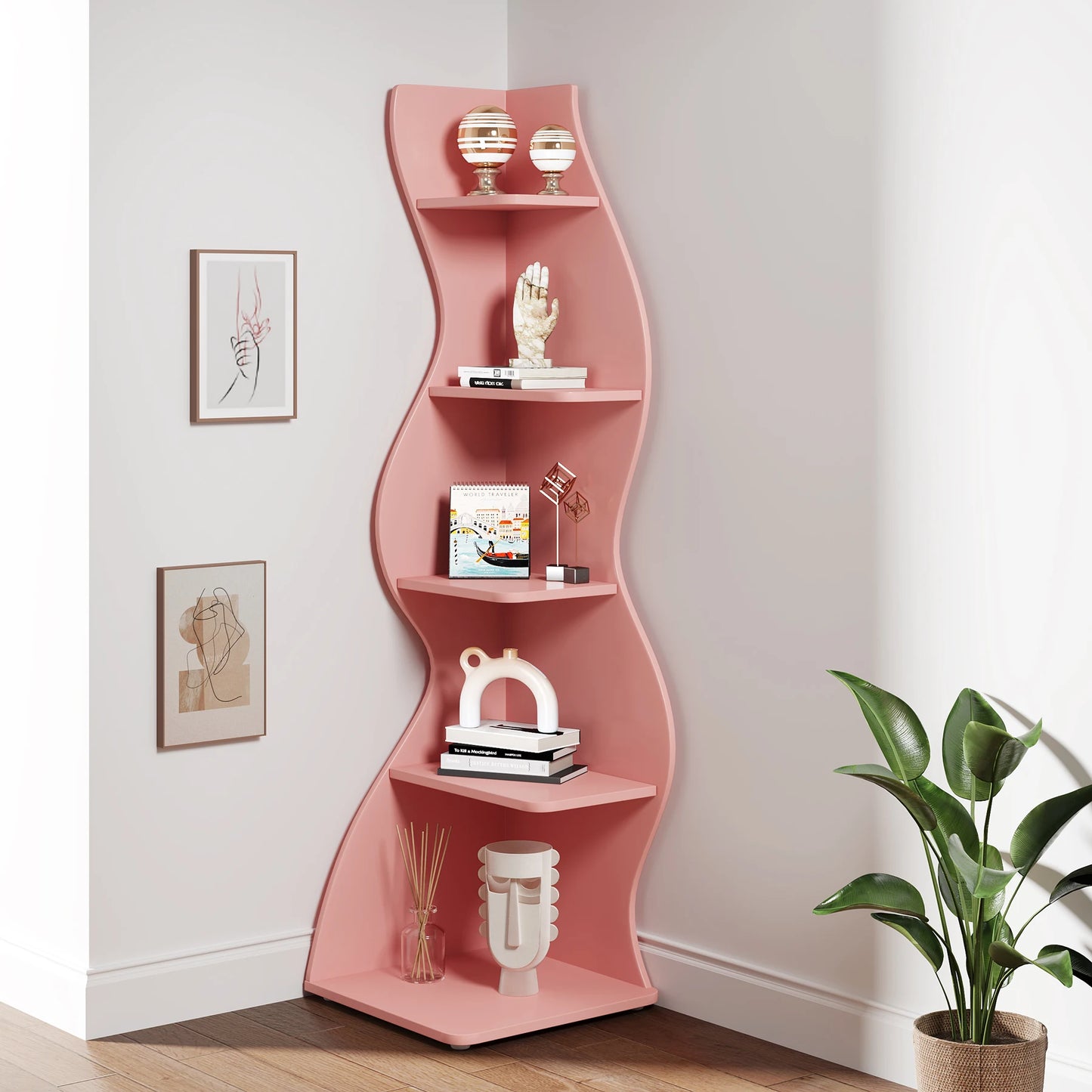 Corner Shelf, Modern 5-Tier Corner Bookshelf, Stylish Corner Small Bookcase, Storage Rack,  Plant Stand