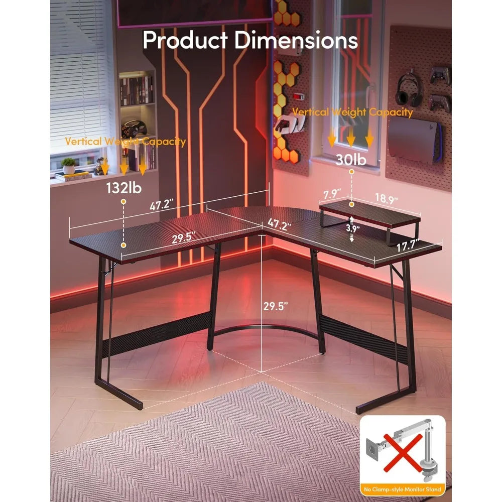 Large Corner Gaming Desk with Carbon Fiber Surface and Monitor Stand for Home Office
