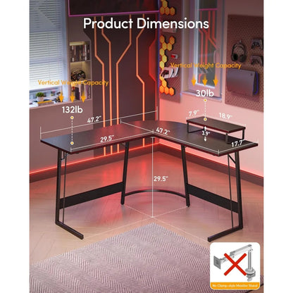 Large Corner Gaming Desk with Carbon Fiber Surface and Monitor Stand for Home Office