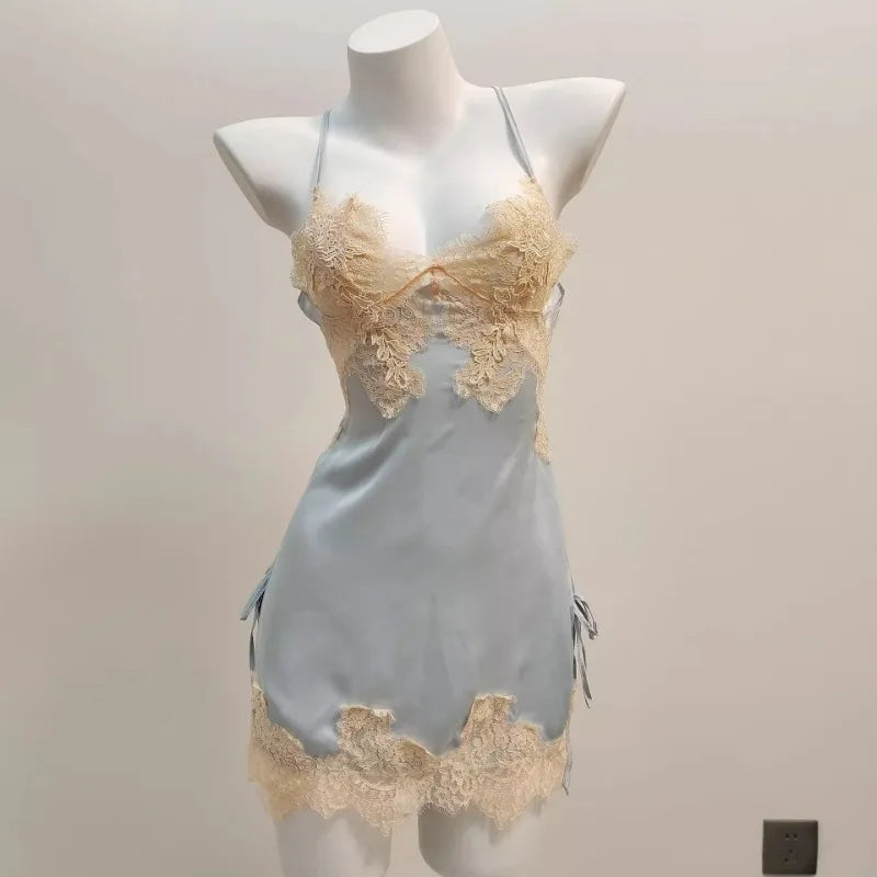 Sexy Pajamas for Women Nightwear.   Ice Silk Lace,  Beautiful Back Suspender Pajama Night Dress,  Elegant Strap,  Sweet Nightgown