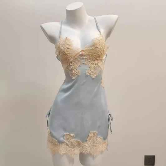Sexy Pajamas for Women Nightwear.   Ice Silk Lace,  Beautiful Back Suspender Pajama Night Dress,  Elegant Strap,  Sweet Nightgown