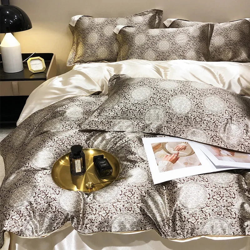 High-end Natural Mulberry Silky Blending Duvet Cover Set with Sheets,  Satin Blending, Silky Bedding Set,  Luxury Queen Bedding Sets
