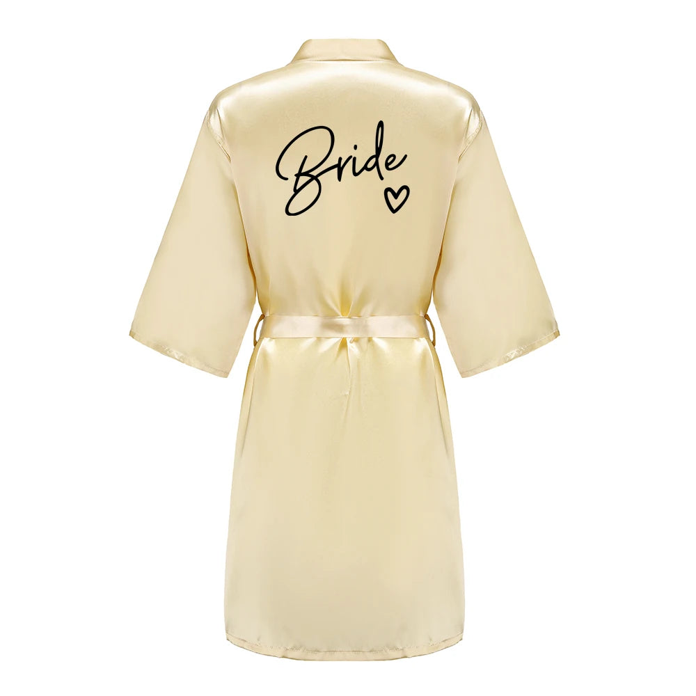 Wedding Party Team Bride Robe With Black Letters, Kimono Style Satin Bridesmaid Bathrobes