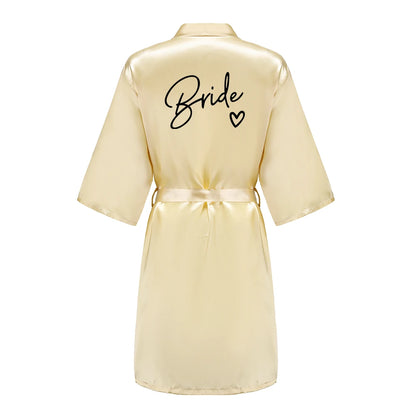 Wedding Party Team Bride Robe With Black Letters, Kimono Style Satin Bridesmaid Bathrobes