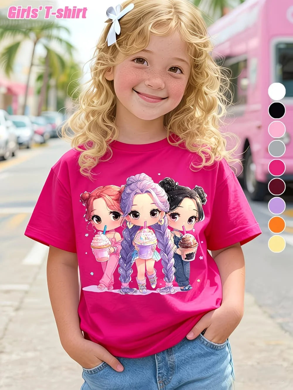 Summer, Kpop Popular Cartoon Print,  Children's Design,  Casual Style,  Round Neck,  Short Sleeved Top,  Kids Clothes