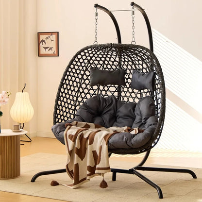 Double Hanging Swing Egg Chair with Stand, Hexagon Wicker Hammock Swing for Outdoor Garden Patio, 2 Person Chair