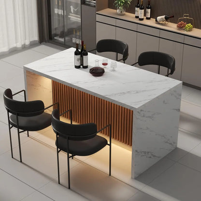 63" Large Imitation Marble Dining Table for 4-6 People(Patent Pending),Island Table with LED Lights, Modern faux Marble finish