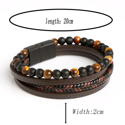 Men Leather Bracelet, Classic Fashion Tiger Eye Beaded Multi Layer Leather Bracelet For Men Jewelry Gift