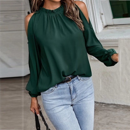 Autumn and Winter New Women's Clean Color Lotus Leaf Round Neck Long Sleeve Pleated Off Shoulder Fashion Women's Top.  3 colors all available.  BURGUNDY,  DARK GREEN, BLACK,  waiting for everyone to transition into the fall.