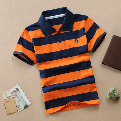 Summer Childrens Short Sleeve Stripe Tees.   Cartoon Bear Embroidery,  Tops Teens Breathable Polo Shirt Kids Clothing
