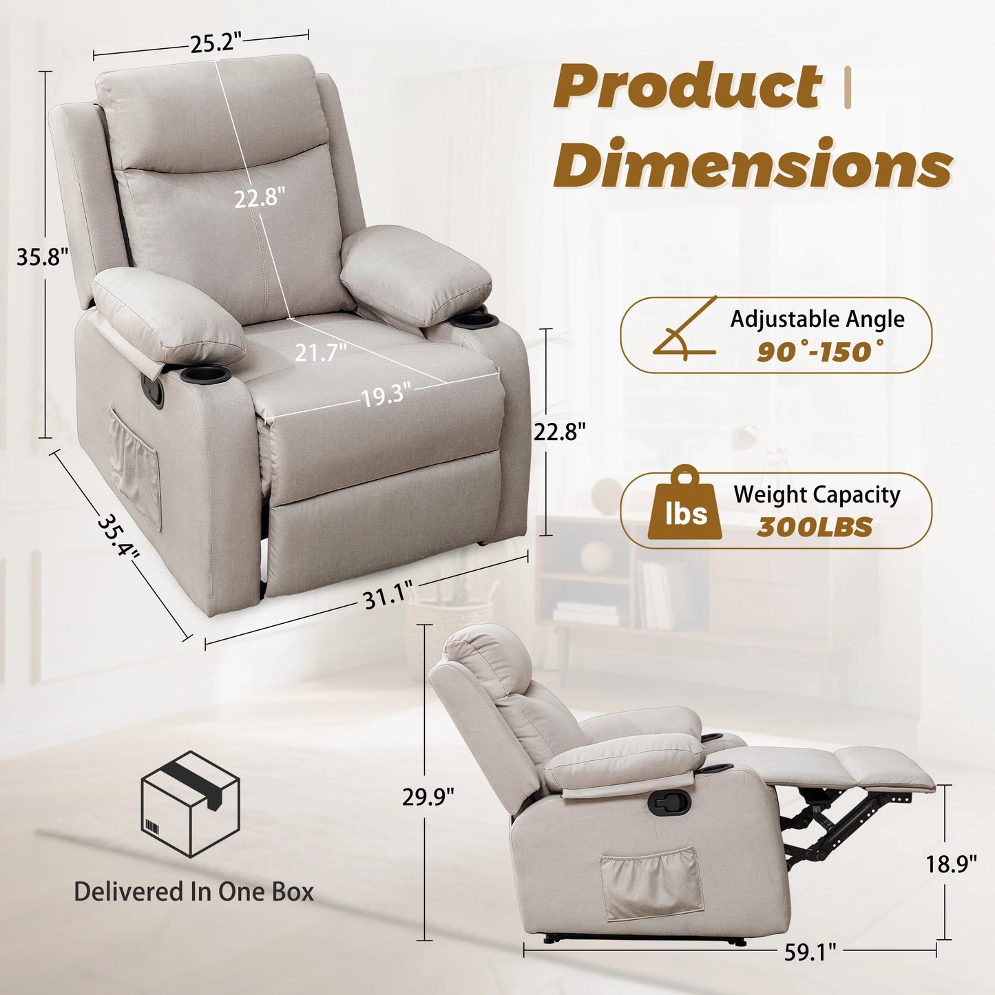 Small Recliners for Small Spaces, Reclining Manual Chair with Cup Holders and Side Pockets  for Living Room, Bedroom