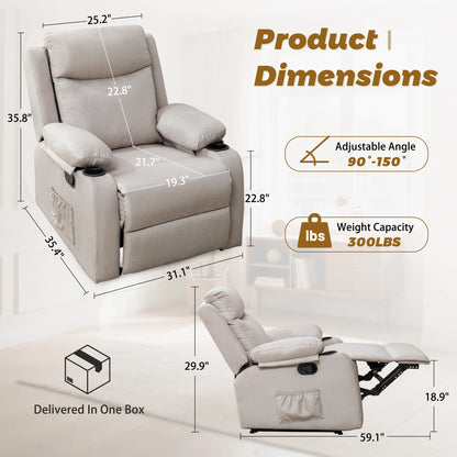 Small Recliners for Small Spaces, Reclining Manual Chair with Cup Holders and Side Pockets  for Living Room, Bedroom