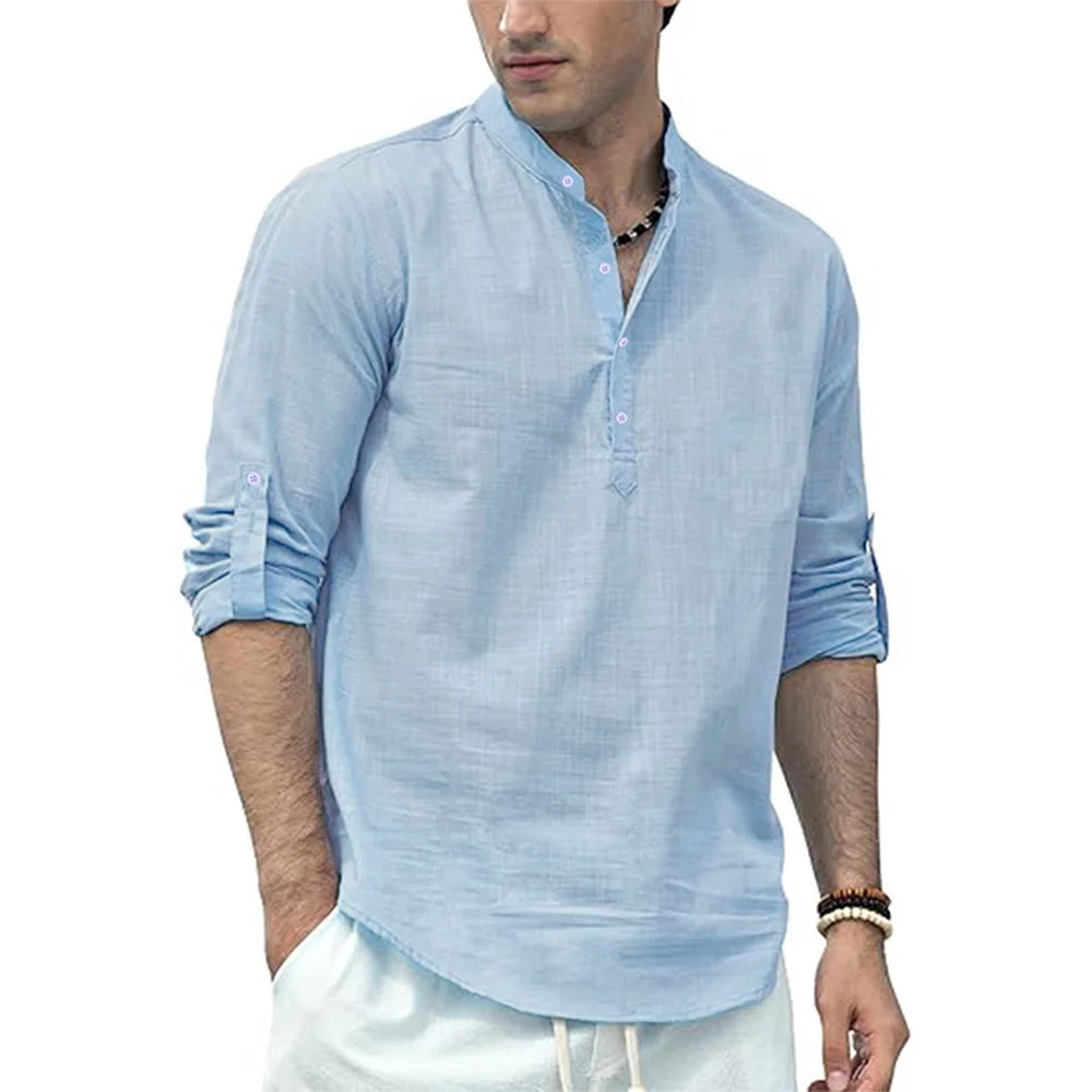 Men's Cotton /Linen Long Sleeve Shirt,  Lightweight with a  Henley Nec,  Beach- Style,  Solid Colors.