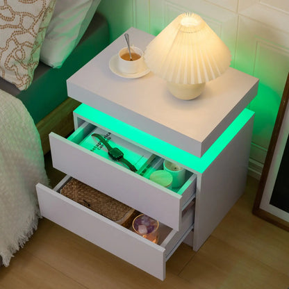 Cube LED Nightstand with 2 Drawers, End Table with RGB LED Lights for Bedroom, Living Room, in White