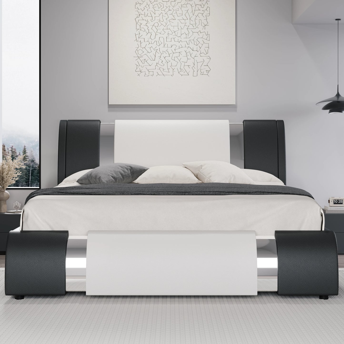 Modern Faux Leather Bed Frame with Iron Pieces  for Decor, Low Profile Platform Bed with Height-Adjustable Headboard