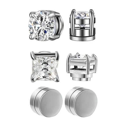 3 Pairs Crystal,  Strong Magnetic Ear Stud, Clip Earrings for Men and Women, Round  and square with 3 color choices for the framework.  Zircon, Magnet Earrings, Non Piercing Jewelry
