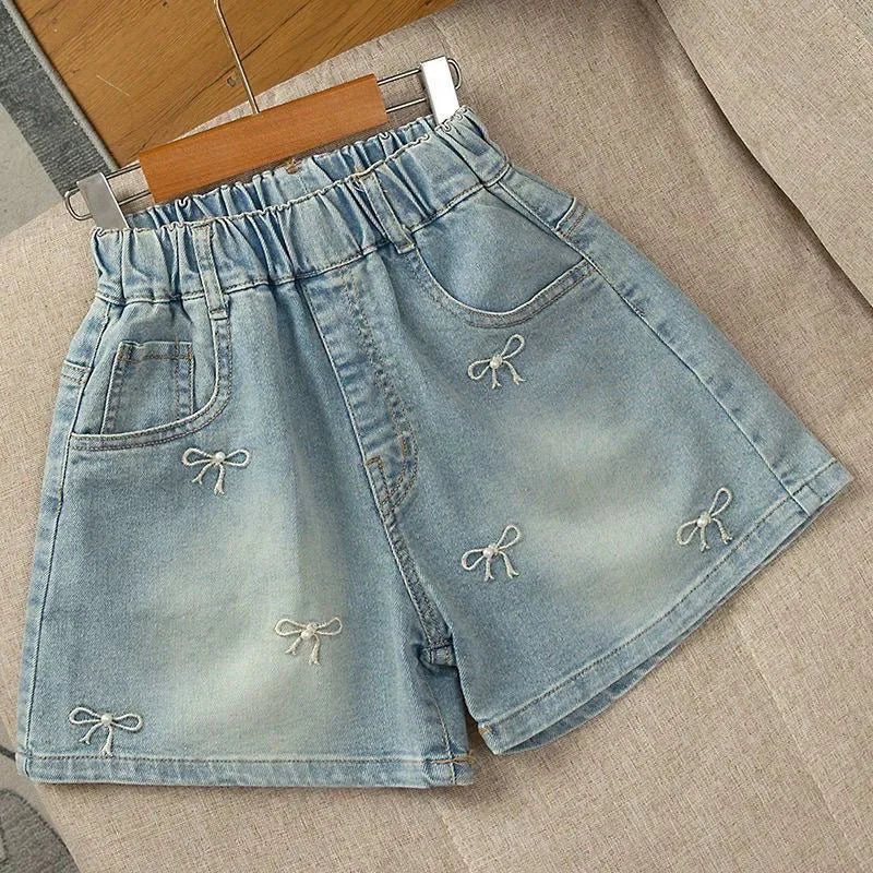 Girls  Summer  Shorts /Jeans,  Fashion Embroidery with  Bow,  Short Denim Pants For 2-12 Year Old Girls, Cotton Trousers