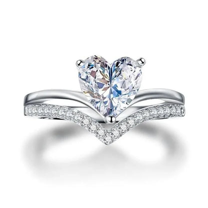 Delicate Silver Color  with White Zircon Stones.   Heart Rings for Women for Fashion, Bridal, Engagement, Wedding Ring Set
