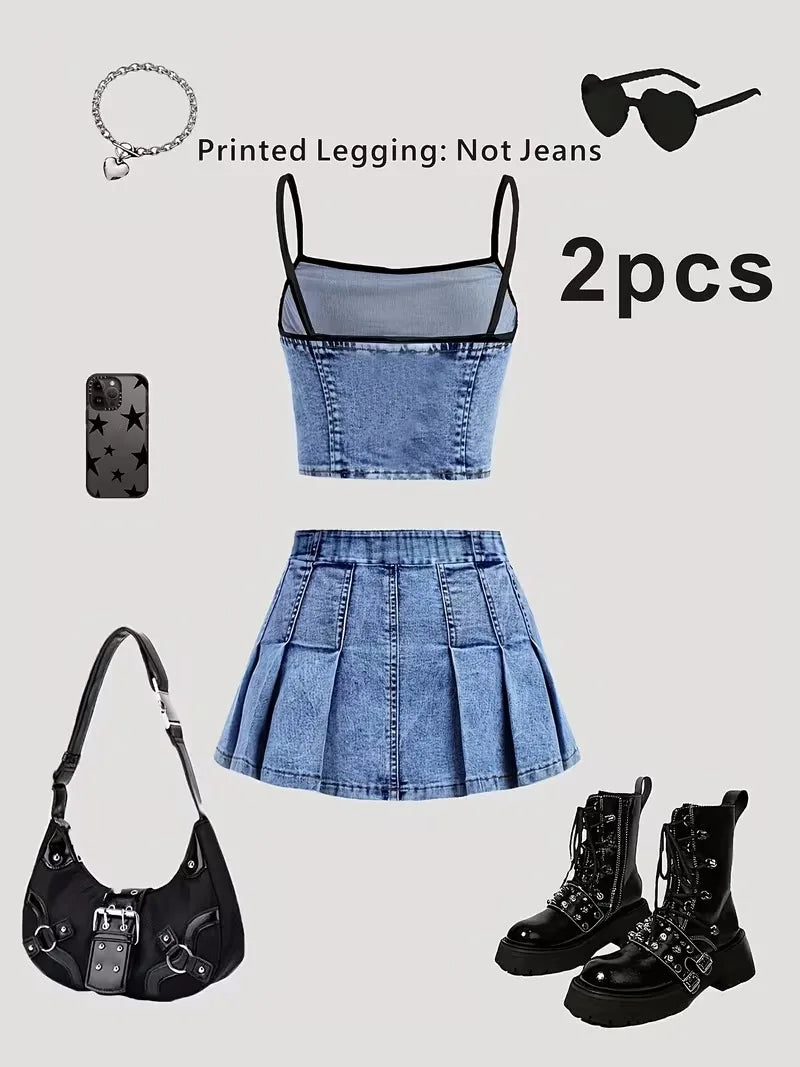 Girls 2-Piece "Faux"  Denim Outfit – Denim Print Cami Crop Top & Pleated Mini Skirt Set (Non-Denim Fabric)