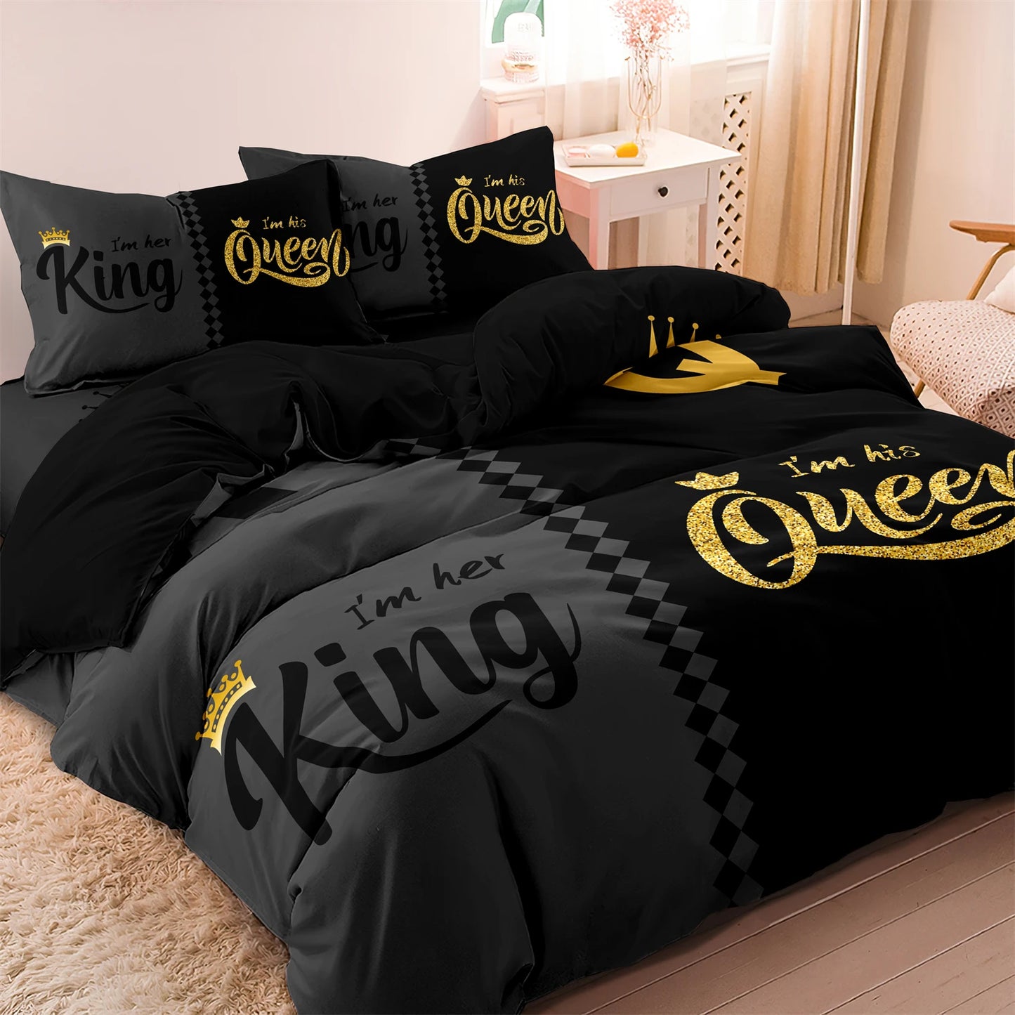 3pcs Fashionable Black Gray Queen & King Crown Printed Bedding Set.   Duvet Cover,  Soft  Comfortable And Breathable, Bedroom