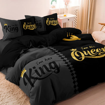 3pcs Fashionable Black Gray Queen & King Crown Printed Bedding Set.   Duvet Cover,  Soft  Comfortable And Breathable, Bedroom