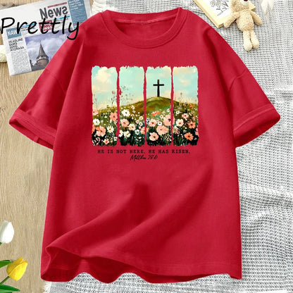 He Is Risen. Wildflower Print Tshirt  for Spring, Easter Designs. T-shirt Women Trendy Easter Christian