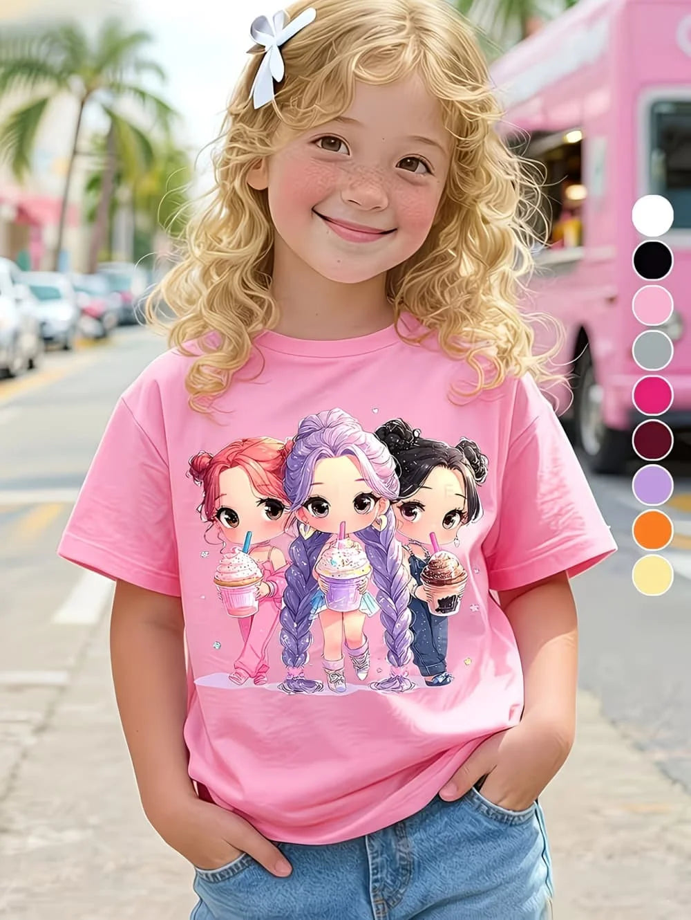 Summer, Kpop Popular Cartoon Print,  Children's Design,  Casual Style,  Round Neck,  Short Sleeved Top,  Kids Clothes