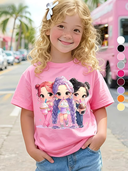 Summer, Kpop Popular Cartoon Print,  Children's Design,  Casual Style,  Round Neck,  Short Sleeved Top,  Kids Clothes