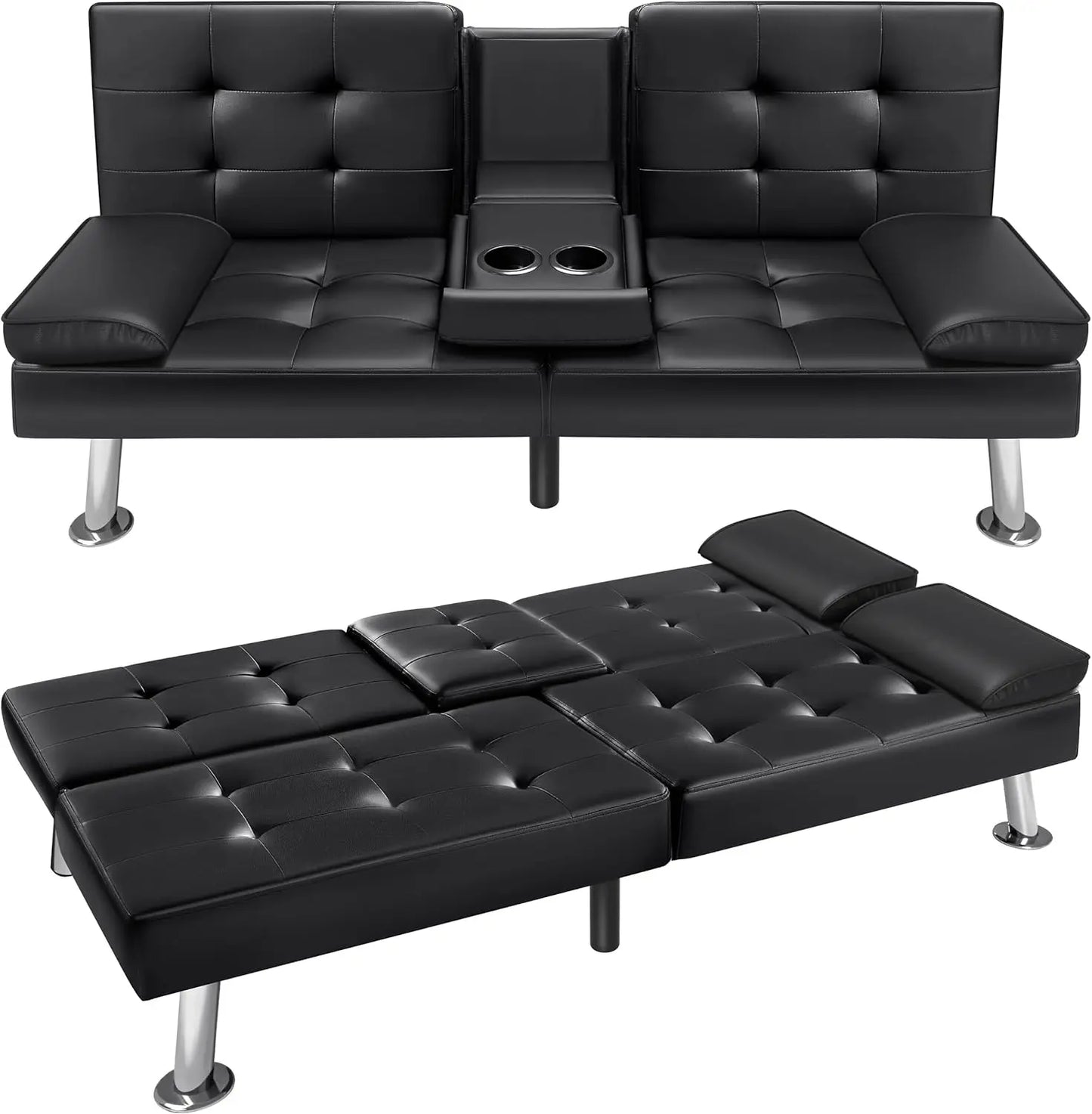 Futon Sofa Bed,  Modern Faux Leather Couch Bed,  Convertible Folding Recliner for Living Room with 2 Cup Holders and Armrest, Black or Brown.