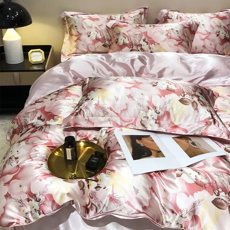 High-end Natural Mulberry Silky Blending Duvet Cover Set with Sheets,  Satin Blending, Silky Bedding Set,  Luxury Queen Bedding Sets
