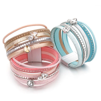 Resin Crystal Charm Leather Bracelet for Women. Bohemian Multilayer Bracelets & Bangles Jewelry.  BLACK, DARK BLUE and GOLD are Available.