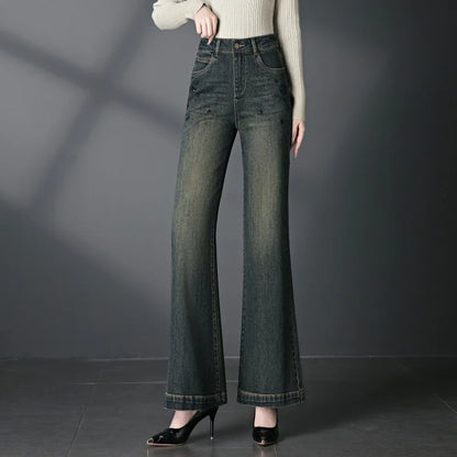 Autumn/Winter Women's High Quality,  Mid to High Waist,  Micro Jeans  in Plus Sizes, Embroidered,  Straight LEG, Casual