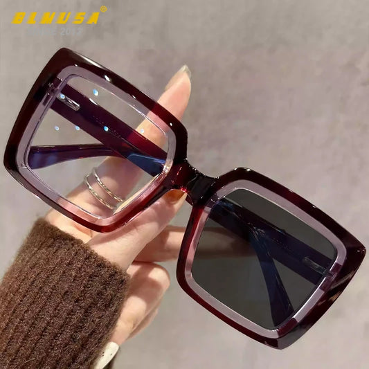 Square, Photochromic,  Blue-Light Blocking, Large Frame Eyeglasses, Reading Glasses Ladies Prescription Myopia Glasses