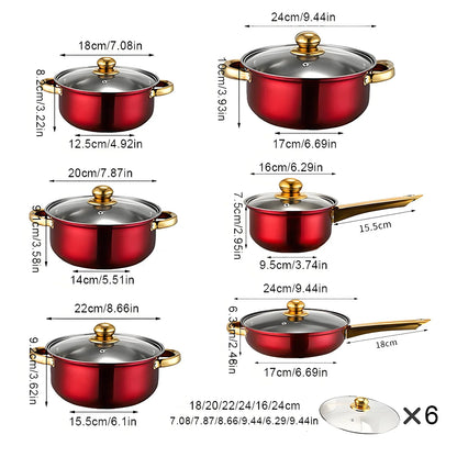 Red Cookware Set. 12-Piece, Stainless Steel, Non-Stick, Kitchen Cookware Collection.