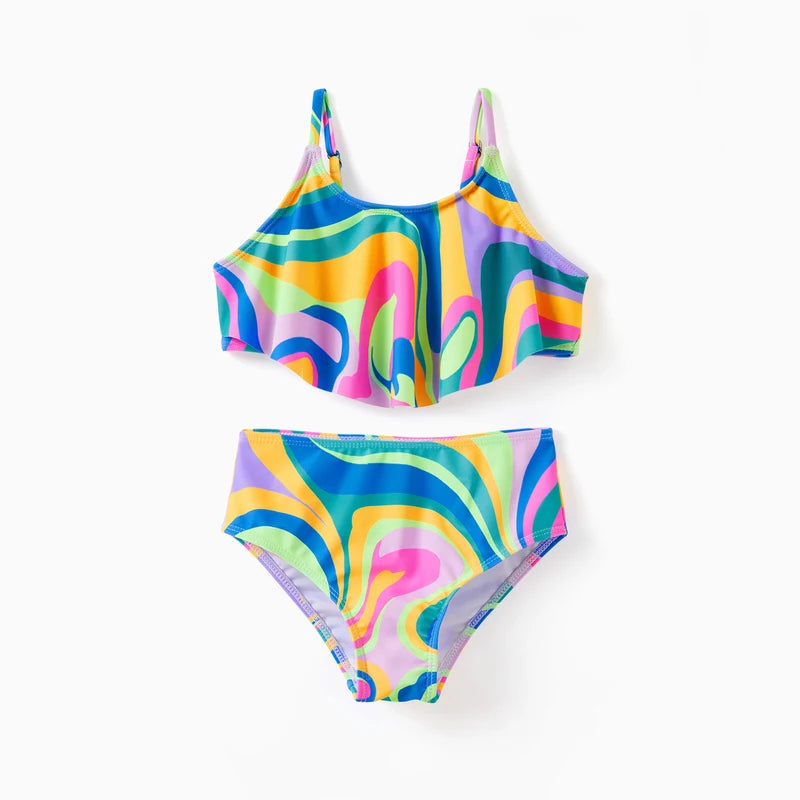 Matching Family swimsuits.   Colorful Tie-Dye Print Swim Trunks or Halter ( two-Piece Bikini)