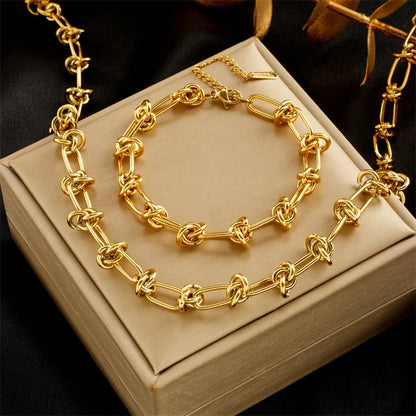 Stainless Steel, Gold /Silver Color, Twist Knot Necklace/ Bracelet For Women/Girls, Fashion Non-fading Jewelry Set Perfect for MOTHERS DAY Gift