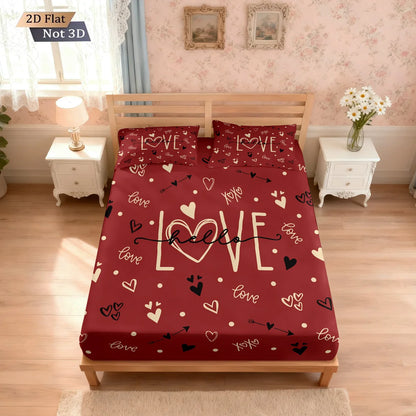 3pcs Valentine's Day Romantic Red LOVE Print.  Choreless Bed Sheet Set with Multi Size Bed Cover.