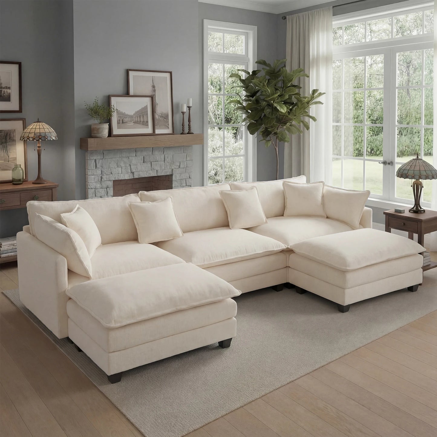 113.4" Modular Sectional Sofa with Ottoman, Comfy Cloud Couch with Deep Seat (23.6" D), Solid Wood Frame, for Living Room
